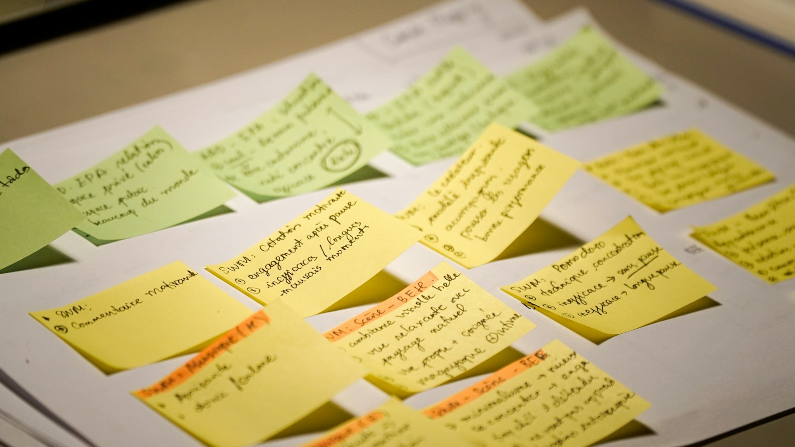 Sticky notes with handwritten text arranged on a surface